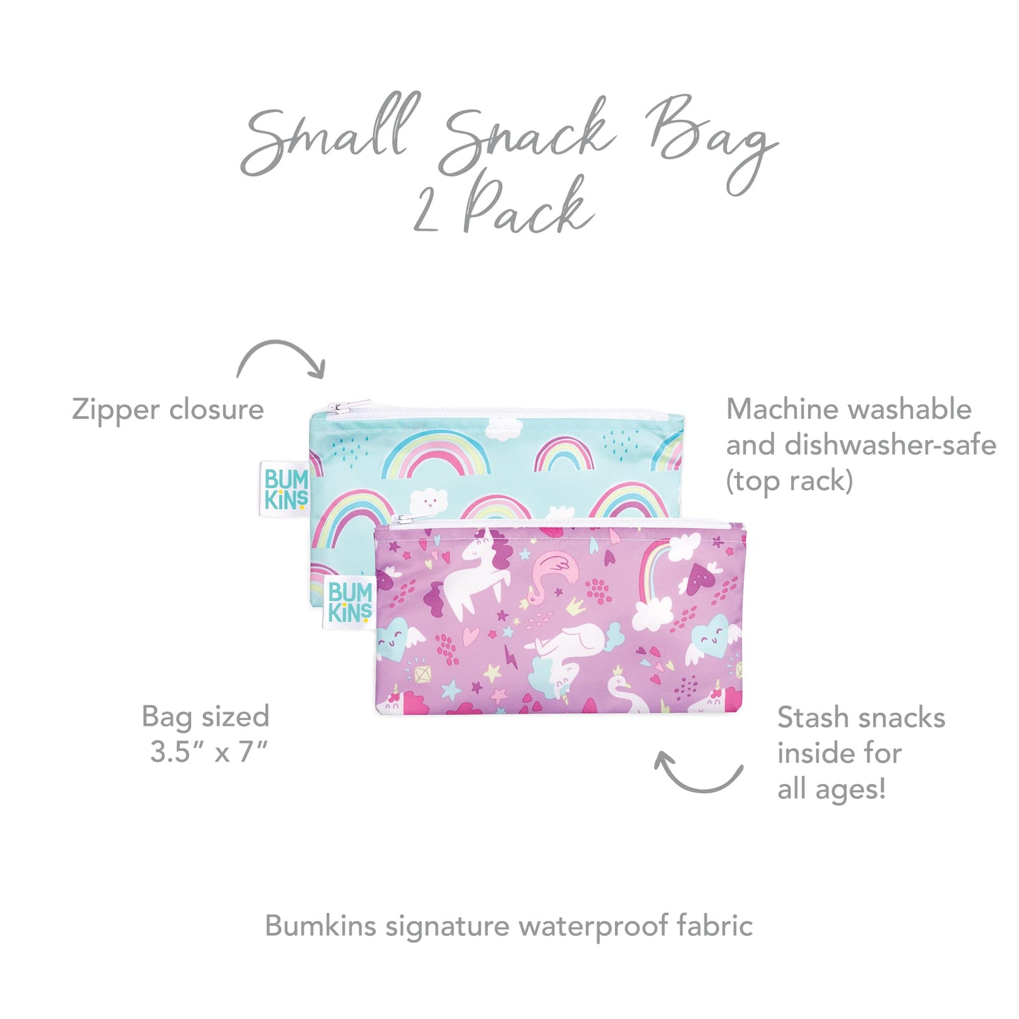 Bumkins Reusable Snack Bags, for Kids School Lunch and for Adults Portion, Washable Fabric, Waterproof Cloth Zip Bag, Supplies Travel Pouch, Food-Safe, 2-pk Unicorns and Rainbows