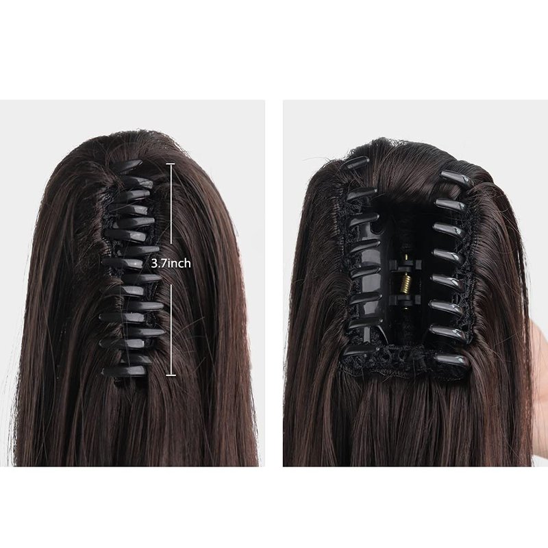 HSPJHTM Dark Brown Ponytail Extensions,2 PCS Ponytails Extensions for Women 24" Synthetic Claw Clip in Pony Tail Hair Extentions Halloween Fluffy Hairpiece for Daily Use