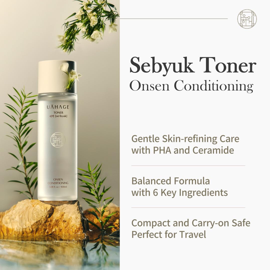 UAHAGE Sebyuk Toner Onsen Conditioning - Texture Smoothing, Hydrating, Soothing, Vegan Korean Skin Care, PHA, Ceramide, Tocopherol, Arginine, Centella Asiatica Extract (100ml / 3.38 fl.oz.)