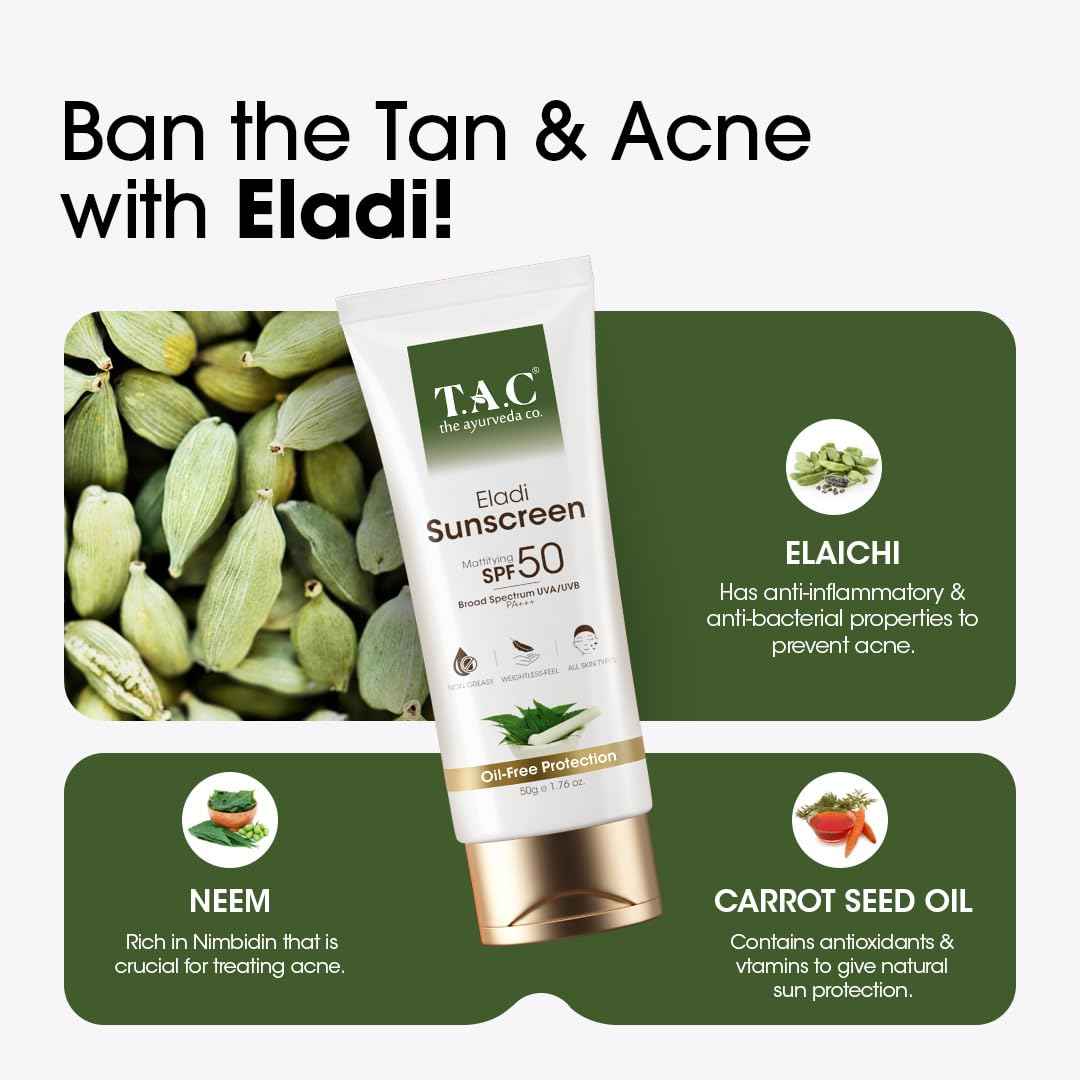 TAC - The Ayurveda Co. Sunscreen SPF50 PA++ for UVA & UVB Sun Protection with Eladi, Triphla & Hemp Seed, Protect & Anti Tan, Sheer Hydration, Clean Feel, Quick Drying & Water-Resistant 80gm