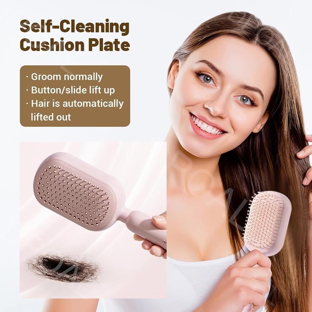 Retractable Cushion Massage Comb, 2026 New Hair Brush With Retractable Bristles Hair Comb Retractable Detangling Self Cleaning Hair Brush for Women (Pink)