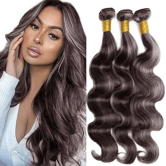 Ratheinhi Bundles Human Hair P4/GREY 12 14 16 Inch Body Wave Human Hair Bundles Highlight Chocolate mix Grey Unprocessed Brazilian Virgin Quick Weave Hair for Black Women