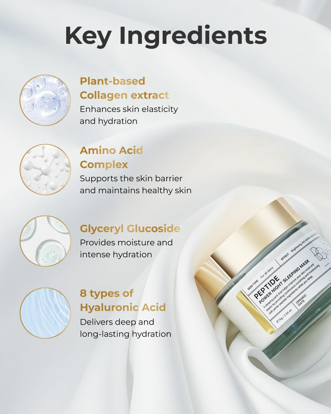BOM COSMETICS Peptide Power Night Sleeping Mask 2.64 Fl Oz, High-Density Hydrating Overnight Facial Mask with Penta-Peptides and 99% Pure Gold for Skin Elasticity, Smooth Skin Texture, Korean Skincare