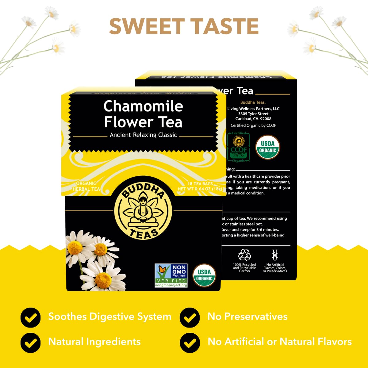 Buddha Teas - Organic Chamomile Flower Tea - Herbal Tea - For Health & Wellbeing - With Antioxidants & Minerals - Clean Ingredients - Caffeine Free - OU Kosher & Non-GMO - 18 Tea Bags (Pack of 1)