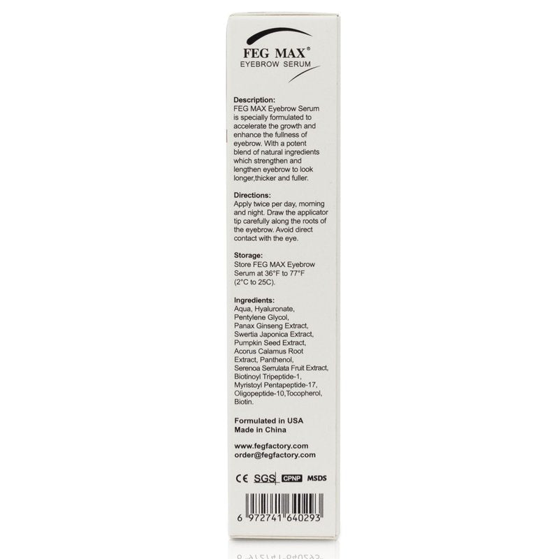 FEG Max Eyebrow Enhancer Growth Treatment Serum | Enhancing to Help Lengthen and Thicken Eyebrows | Non-irritating Brow Serum | 6ml