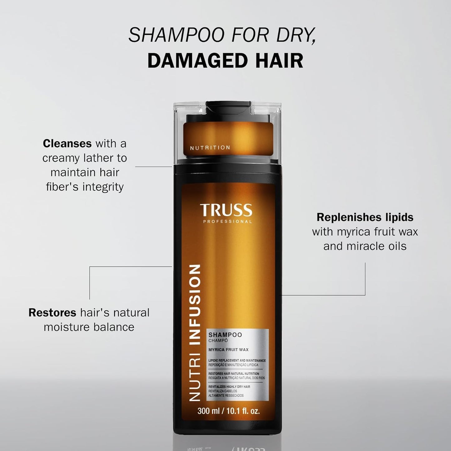 TRUSS Nutri Infusion Hair Shampoo for Women - Cleansing Shampoo for Dry, Damaged Hair - Restores Natural Moisture Balance with Myrica Fruit Wax & Miracle Oils (10.14 fl oz)