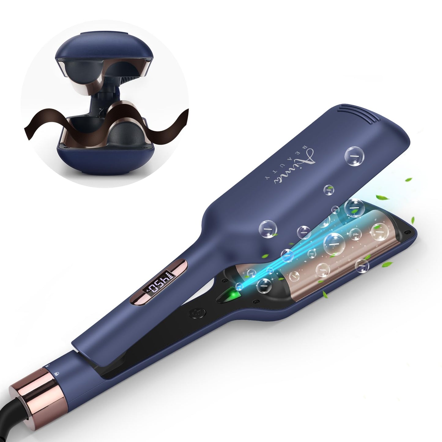 32mm (1.25") Aima Beauty Twins Mermaid Hair Waver, Anti-Scald Hair Crimper 2 Barrel, Beach Wave Curling Iron, Curling Wand with Storage Lock 15S Heats Up for Short/Medium/Long Hair Prussian Blue