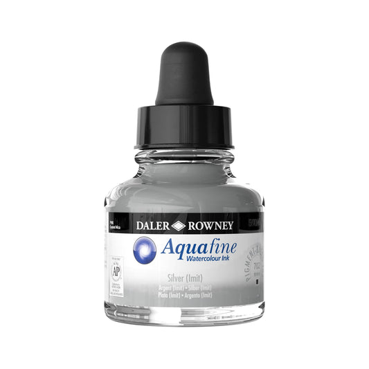 Daler-Rowney Aquafine Watercolor Ink Silver Imit 29.5ml - Versatile Liquid Watercolor Ink for Artists and Students - Use with Paint Brushes, Technical Pens, Airbrushes, and Paint Markers