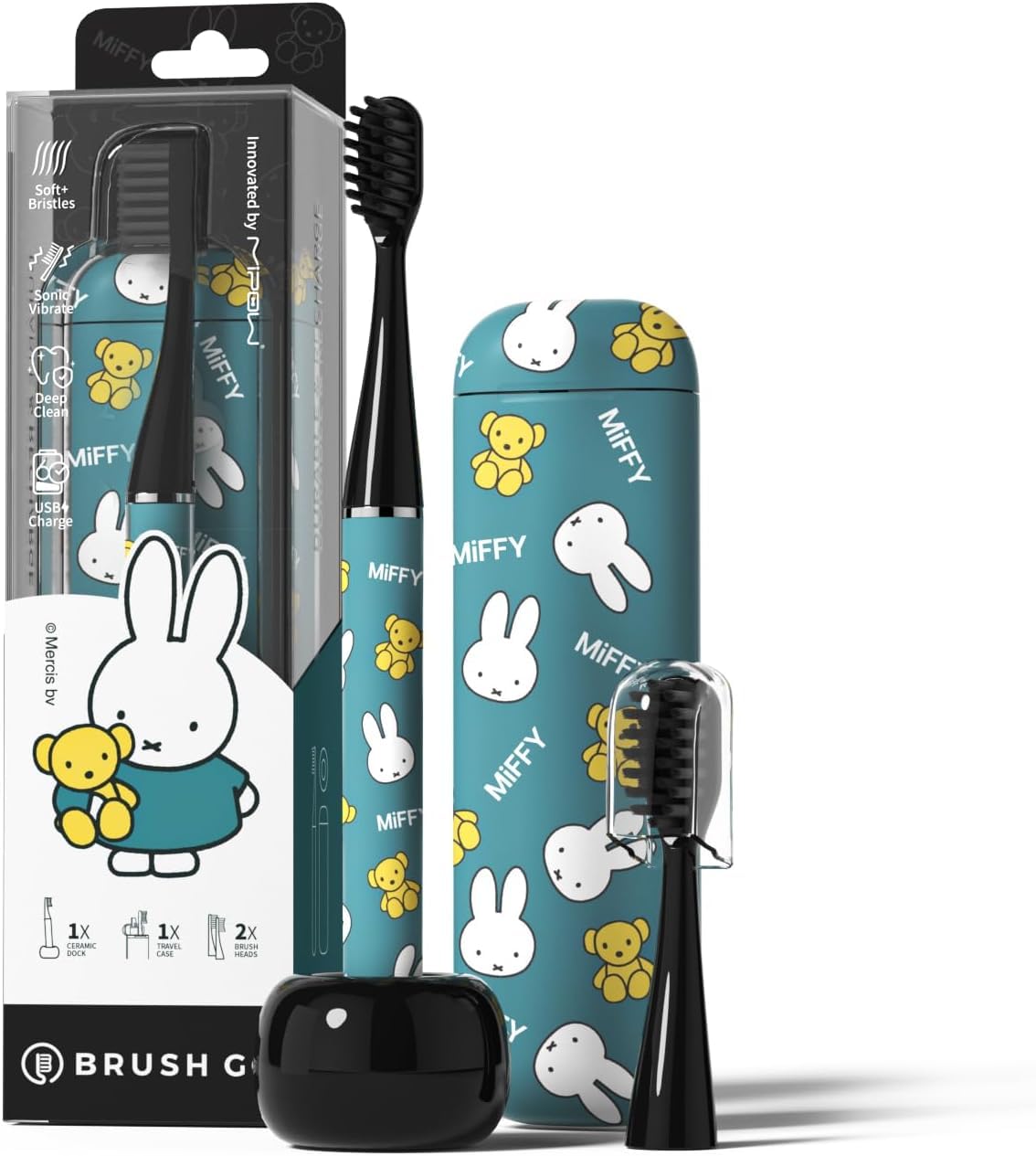 Miffy i4 Upgrade Slim Sonic Electric Toothbrush Thin Rechargeable Ultrasonic Smart Tooth Brush Free Petite Travel Case & Ceramic Holder Dock for Travel & Home, IPX7 Waterproof (Black)