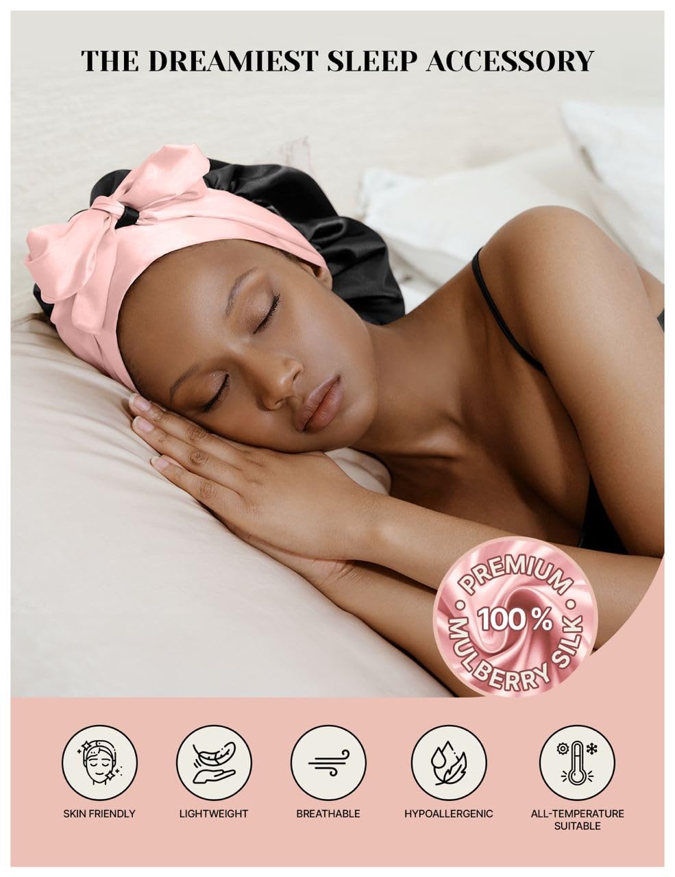 Mulberry Silk Bonnet for Sleeping with Ribbon Fixation & Wonder Loop – Reversible No-Slip Hair Wrap for Sleep, Hair Bonnet for Curly, Straight & Fine Hair - Mothers Day Gift for Mom & Wife
