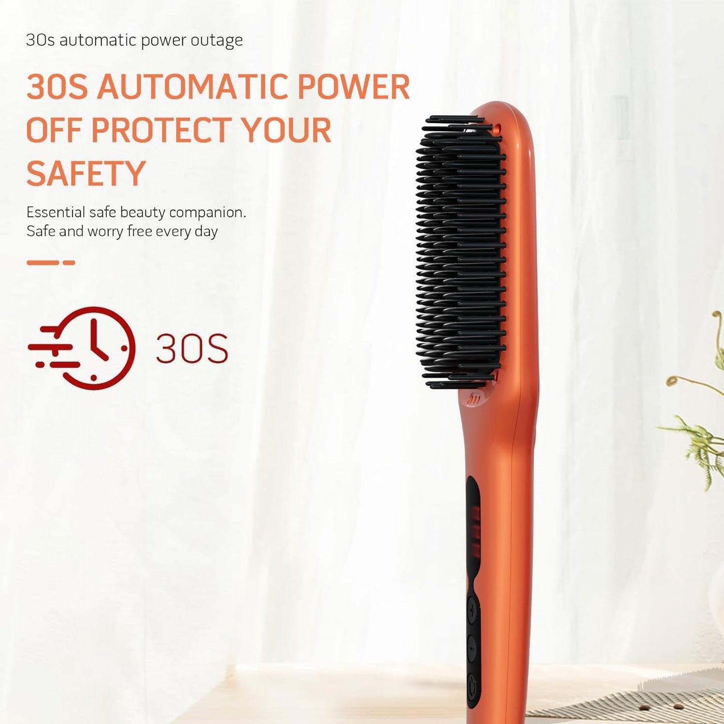Hair Straightener Brush - Ceramic Ionic Heated Brush for Frizzy & Thick Hair | 20s Heat-Up, Anti-Scald, 360° Swivel Cord, Vibrant Orange