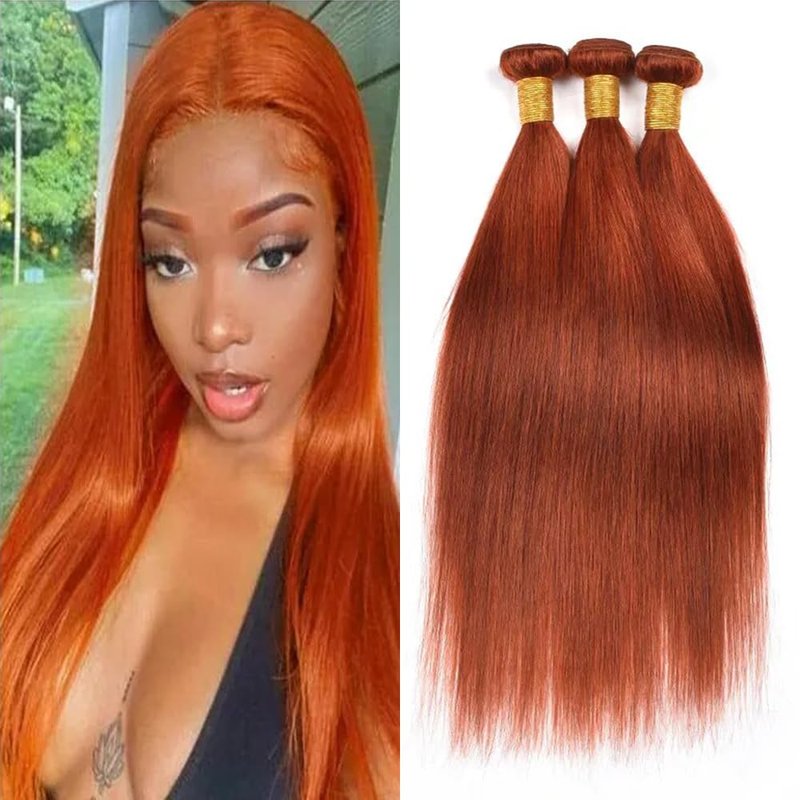 Ginge Bundles | Orange Straight Human Hair Extensions - Soft & Silky 8-10-12 Inch Double Weft