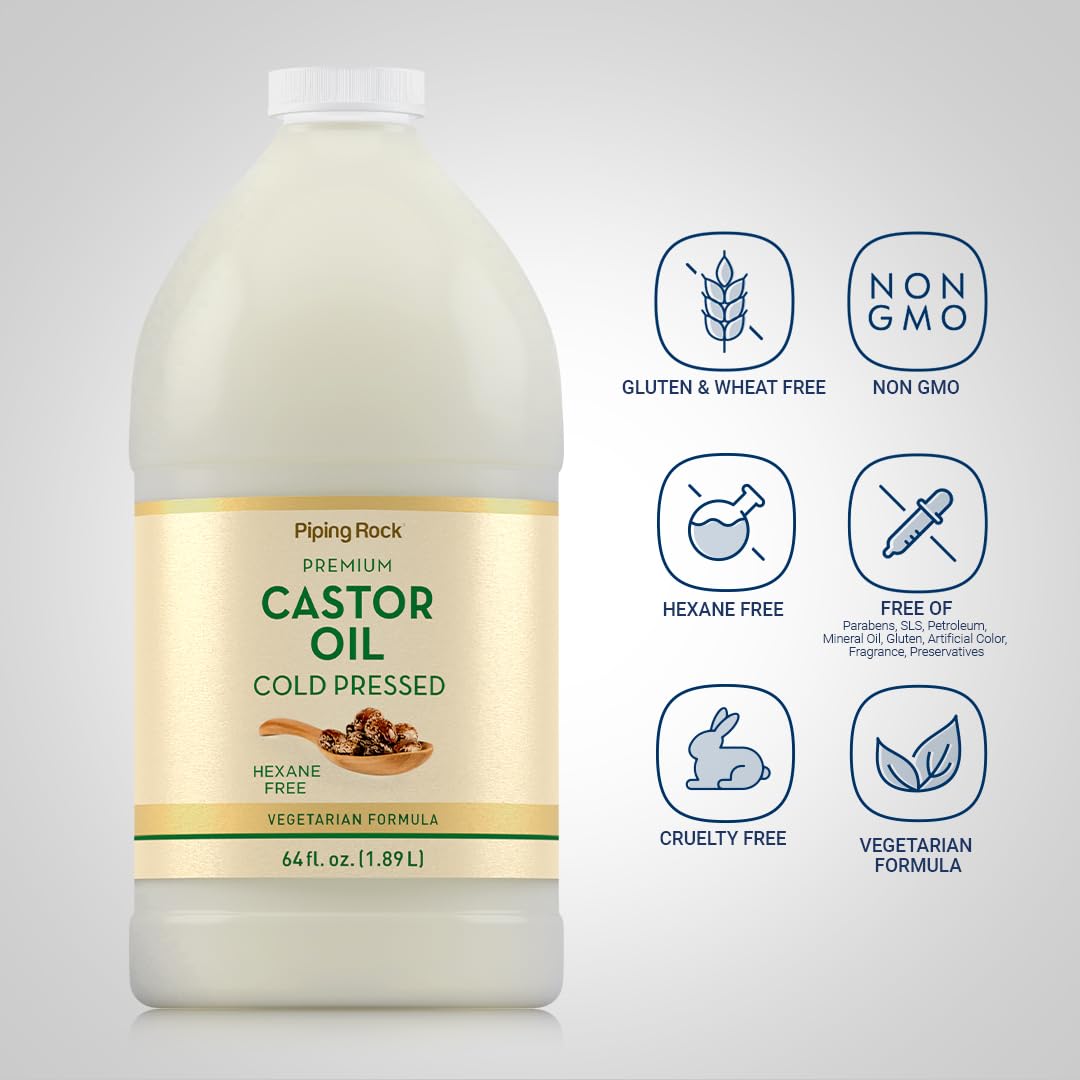 Piping Rock Castor Oil Bottle | 64 Fl Oz | Premium Liquid Drops | Cold Pressed and Hexane Free | Vegetarian, Non-GMO, Gluten Free