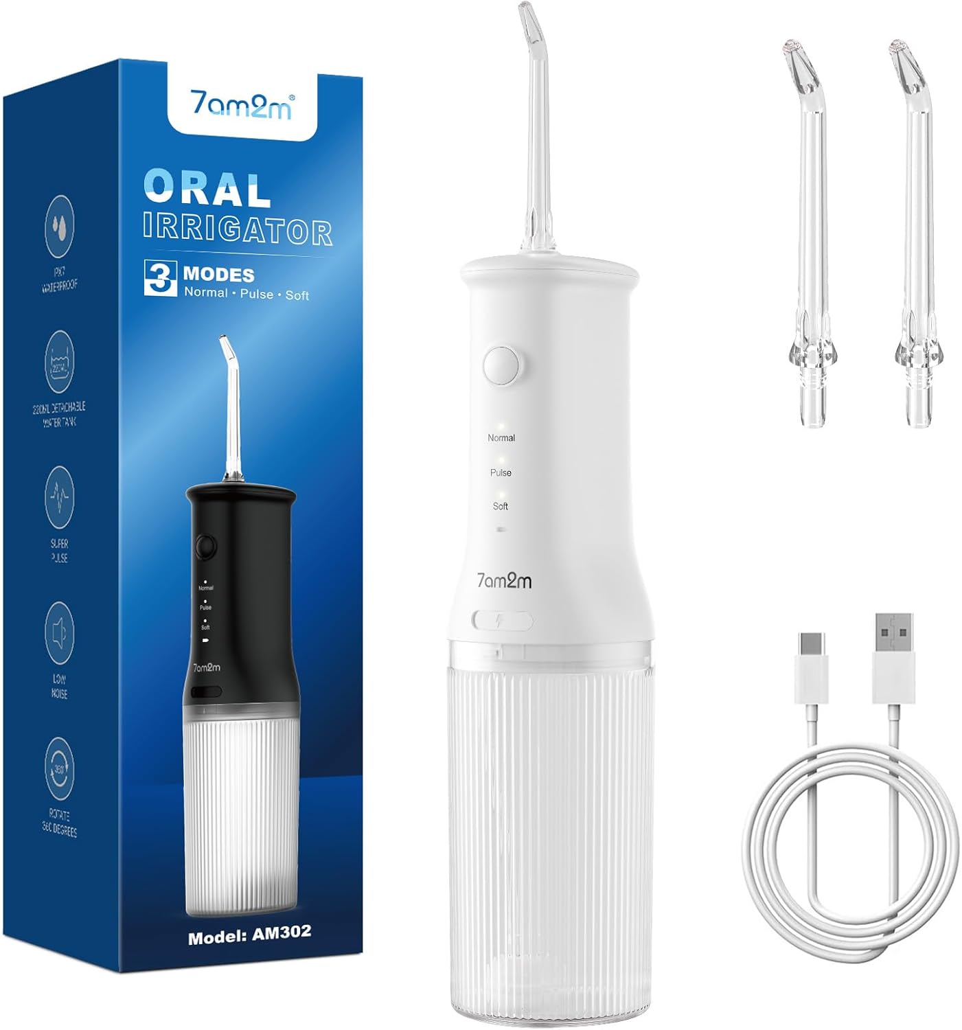 Portable Cordless Water Flosser - 3 Modes, 2 Tips, Fast Rechargeable, IPX7 Waterproof | Travel & Home Use (White)