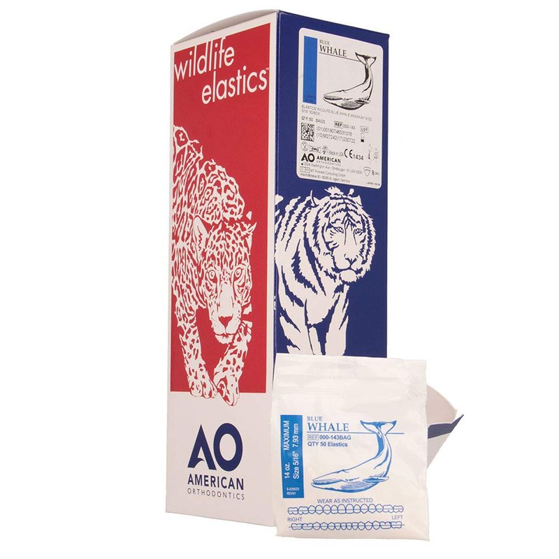 American Orthodontics Elastics Wildlife Blue Whale | Maximum, 14 Oz, 5/16" Size, 50 Packs Per Box, 2,500 Total | Made in The USA | Exacting Dimensions, Precision Cutting, Top Quality Latex Tubing