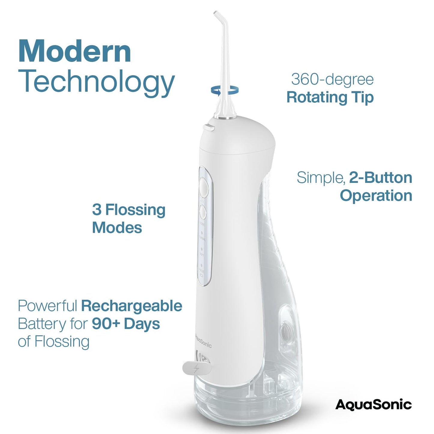 AquaSonic Aqua Flosser PRO - Rechargeable Electric Cordless Water Flosser for Teeth, Gums & Tongue - Waterproof Modern Design, 300ml Large Tank, 3 Modes, 6 Jet Tips, Deluxe Tongue Nozzle - Optic White