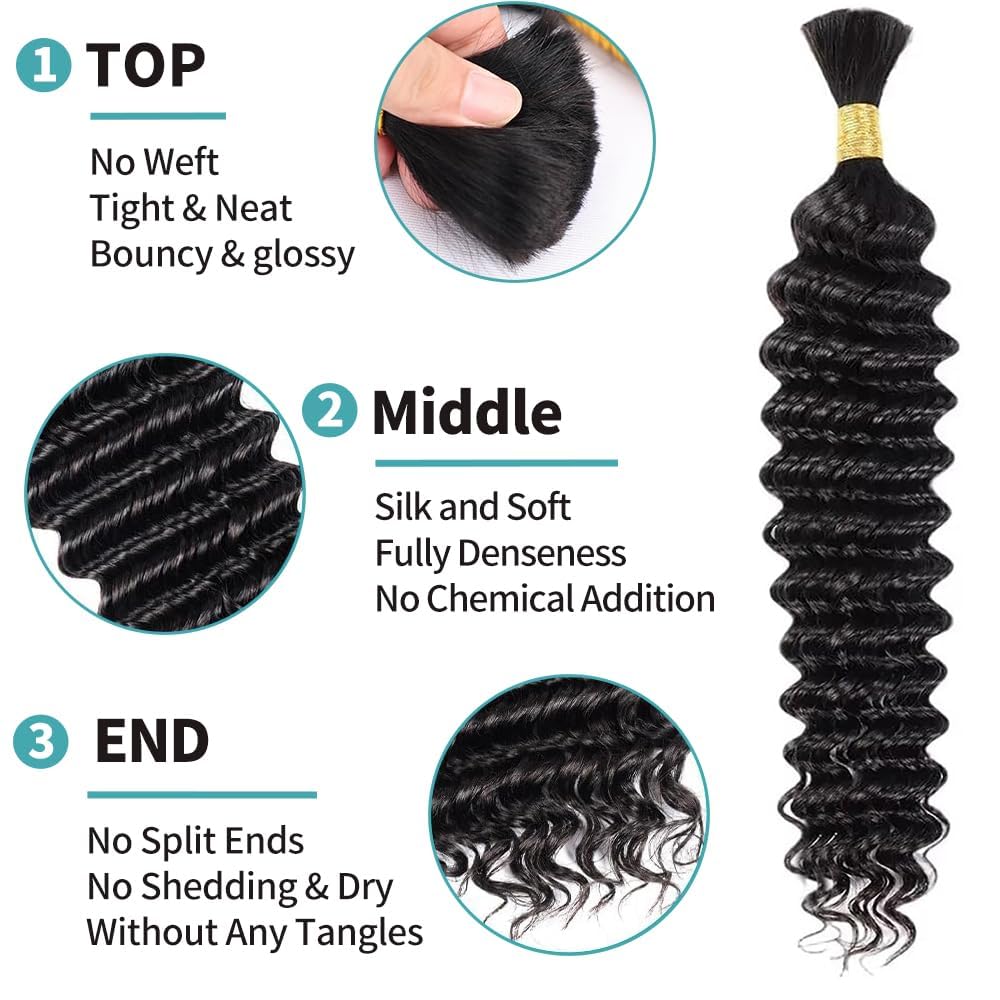 VADES Human Braiding Hair for Boho Braids, Black Curly Wave Bulk Bundles