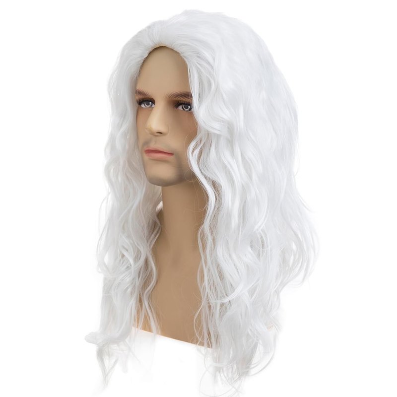 Long Curly Wavy Wig for Men - Heat Resistant Synthetic Hair | White Middle Part for Daily Wear & Costumes