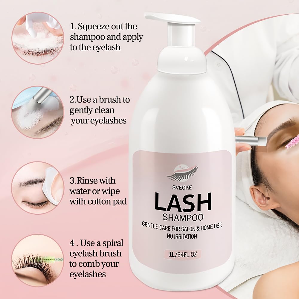 SVECKE Lash Shampoo 34fl.oz/1L, Eyelash Shampoo for Lash Extension, Eyelash Extension Cleanser, Lash Eyelid Foam Cleaning Kit for Salon Use and Home Use