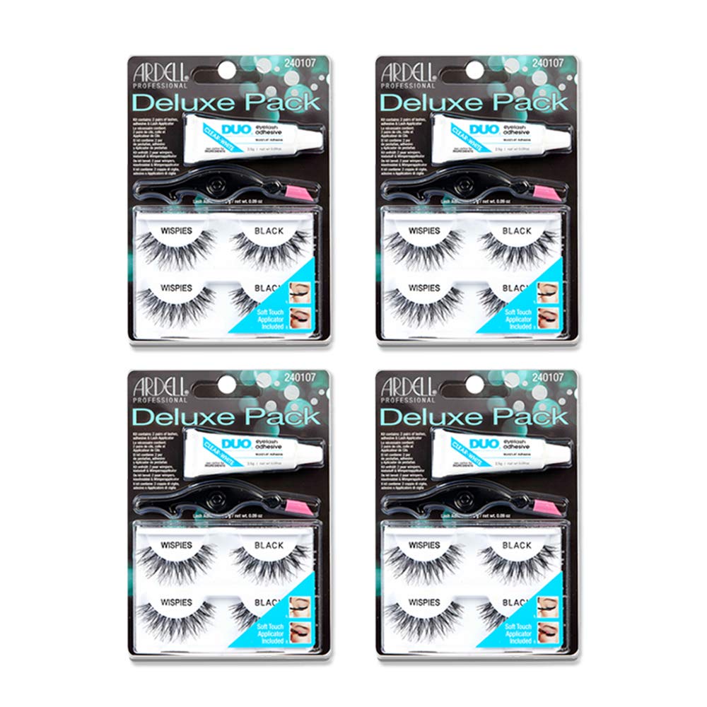 Ardell False Eyelashes Wispies Deluxe Pack - Natural Volume Lashes with Adhesive & Applicator | 4 Pack, Black