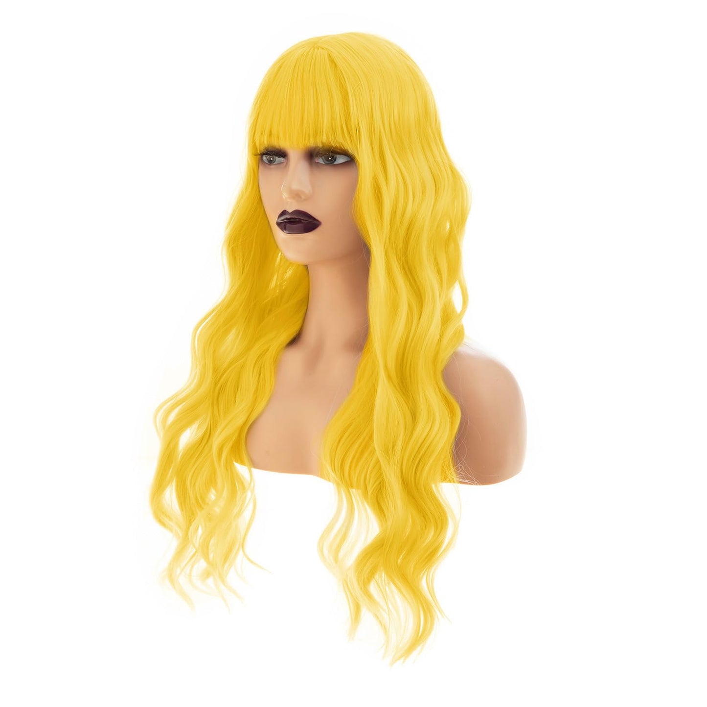 Sallcks Womens Long Curly Wavy Yellow Wigs With Bangs Cute Colorful Cosplay Custome Halloween Synthetic Wigs