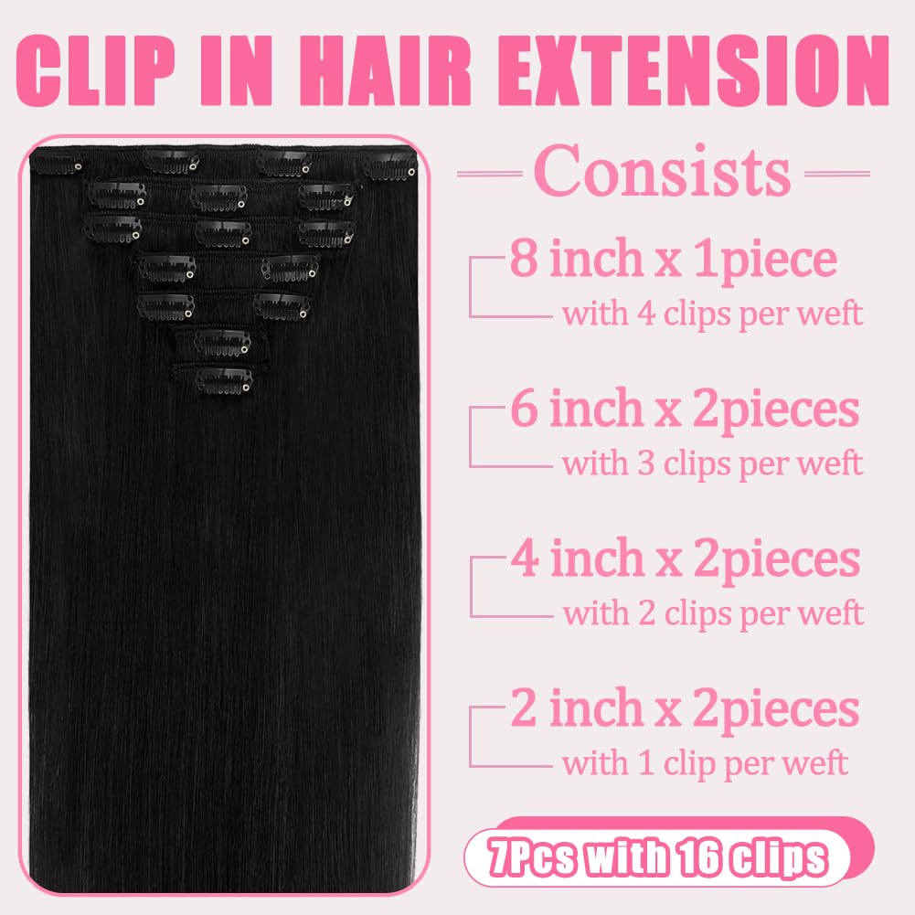 Clip In Hair Extensions - 18 Inch Invisible Seamless Real Human Hair | 1B Natural Black, 95g Double Weft