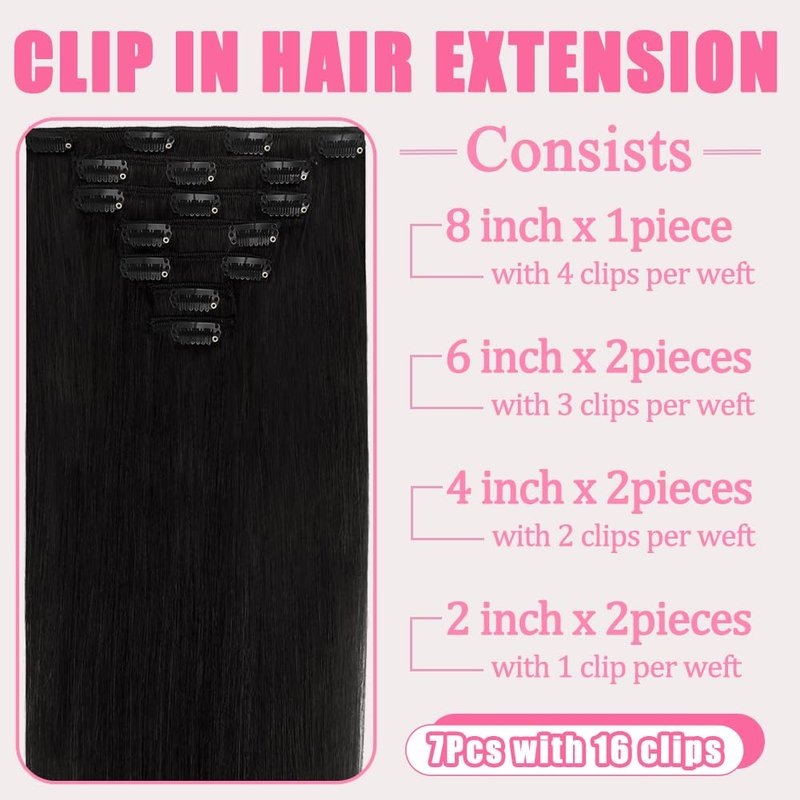 Clip in Hair Extensions Real Human Hair, 7Pcs 16 Inch Double Weft Seamless Invisible Human Hair Clip in Extensions, 85g Natural Black Straight Human Hair Extensions 100% Brazilian Remy Human Hair