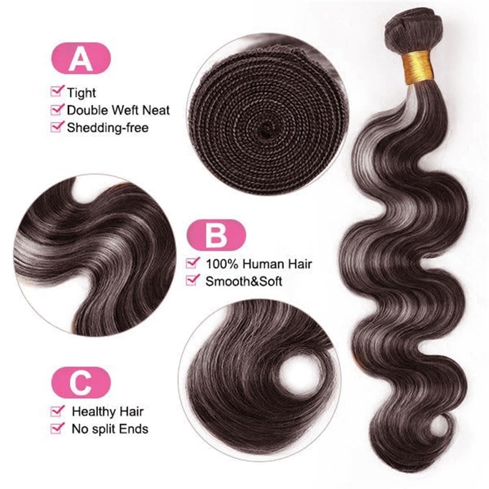 Ratheinhi Bundles Human Hair P4/GREY 12 14 16 Inch Body Wave Human Hair Bundles Highlight Chocolate mix Grey Unprocessed Brazilian Virgin Quick Weave Hair for Black Women