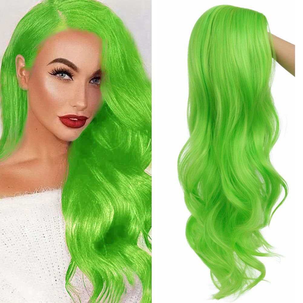 Tseses Green Long Curly Wavy Wigs for Women Side Part Natural Looking Synthetic Fiber Wig Heat Resistant Replacement Cosplay Halloween Wigs