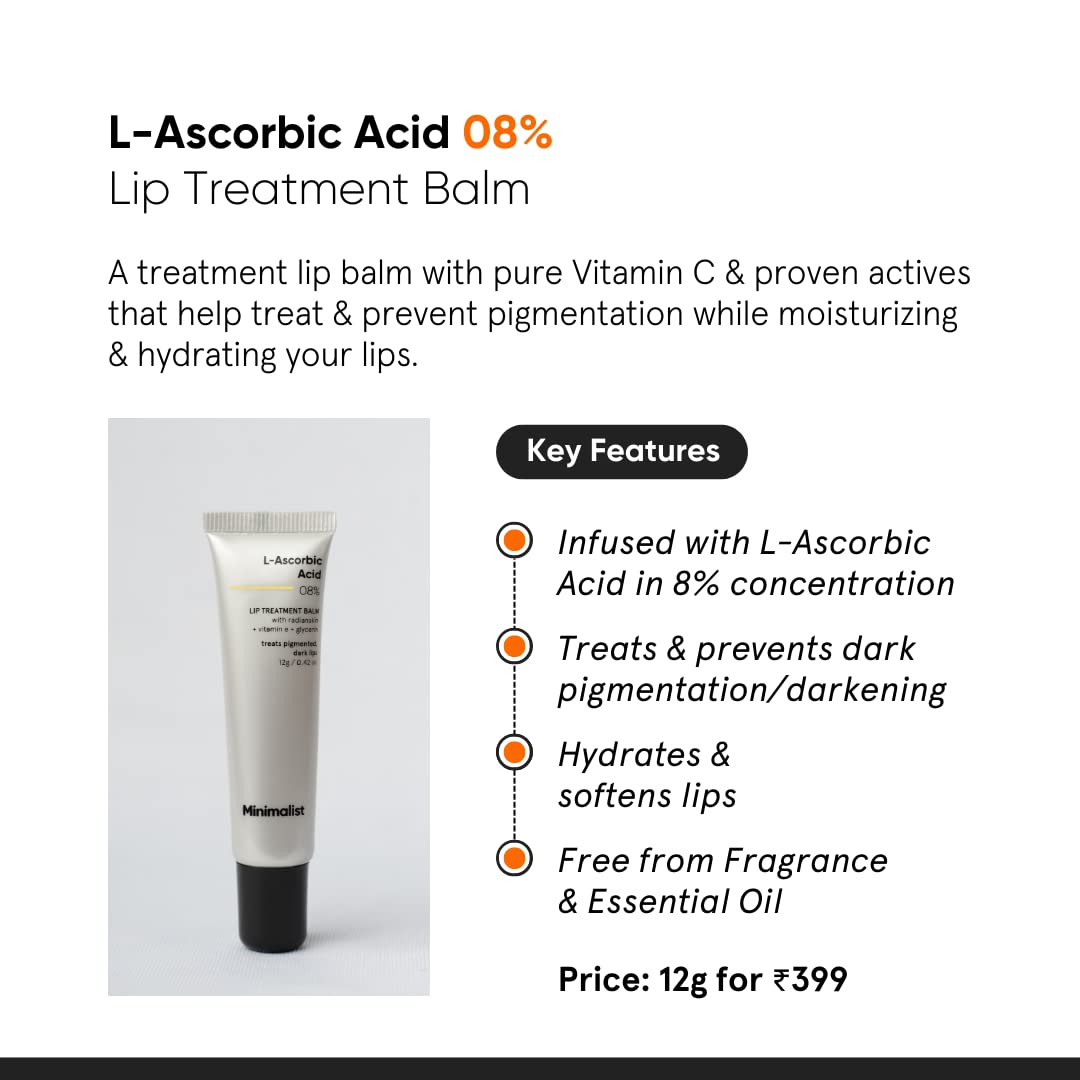 Minimalist Lip Brightening Lip Balm | L-Ascorbic Acid 8% with Vitamin E, Radianskin & Glycerine | For Smoker Lips| Women & Men | 0.42 Oz / 12 gm