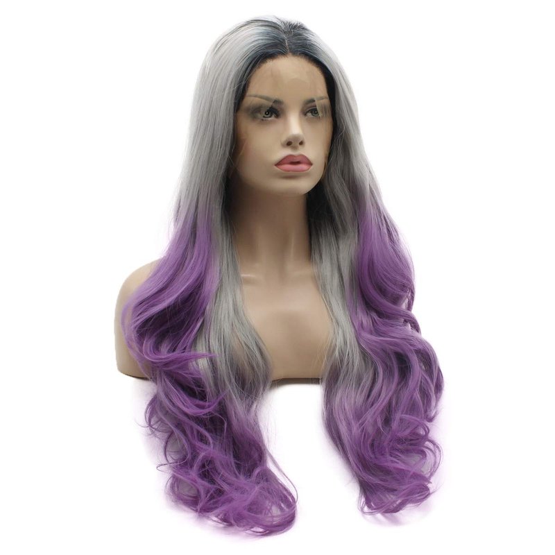 Lushy Hair Lace Front Synthetic Wig - 26-Inch Wavy Dark Root Gray Purple Ombre | Heat Resistant, Realistic Look