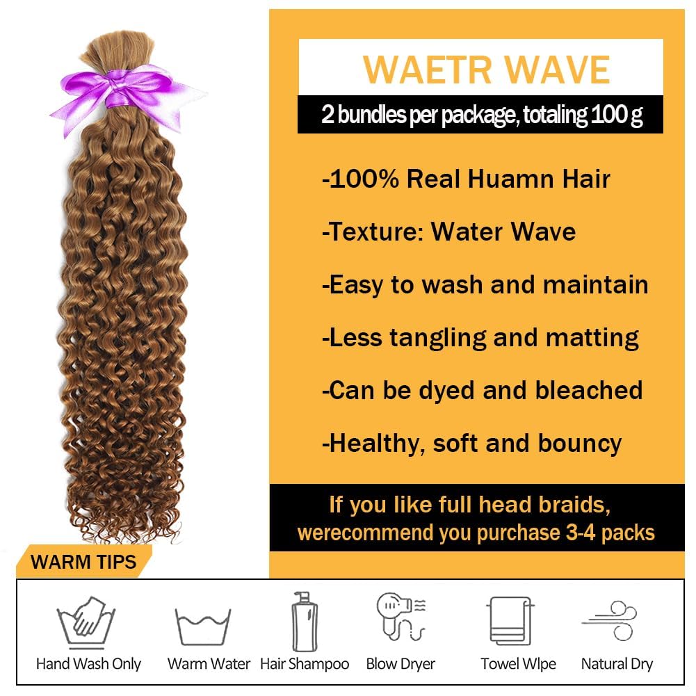 Human Braiding Hair for Boho Knotless Braids Bulk Curly Bundles Human Hair for Micro Braiding Wet and Wavy Water Wave No Weft Human Hair Extension for Box Boho Braids 100g with 2 Bundles 27#（16 inch）