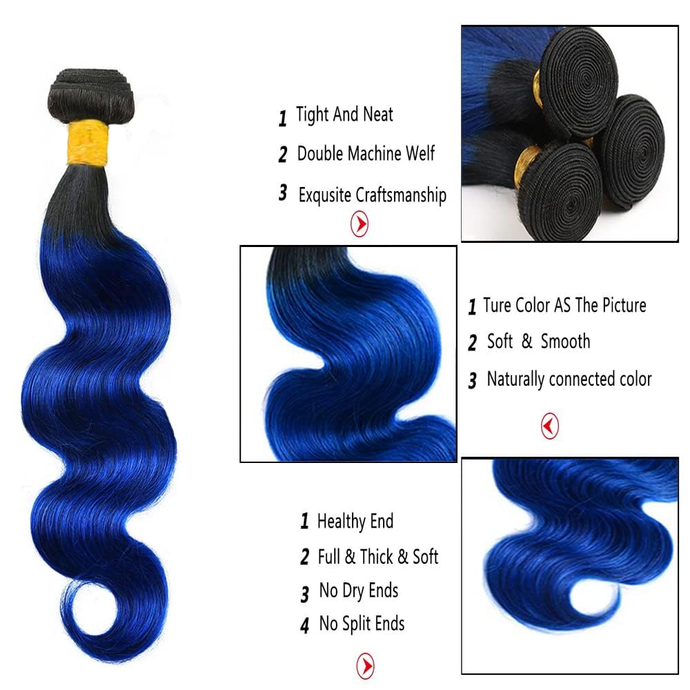 Cklikeb Human Hair Bundles T1B/Blue Color Body Wave Bundles Unprocessed Brazilian Virgin Human Hair 10 12 14 Inch 3 Bundles Quick Weave Human Hair Extensions 300g (T1B/Blue Body Wave, 10 12 14)