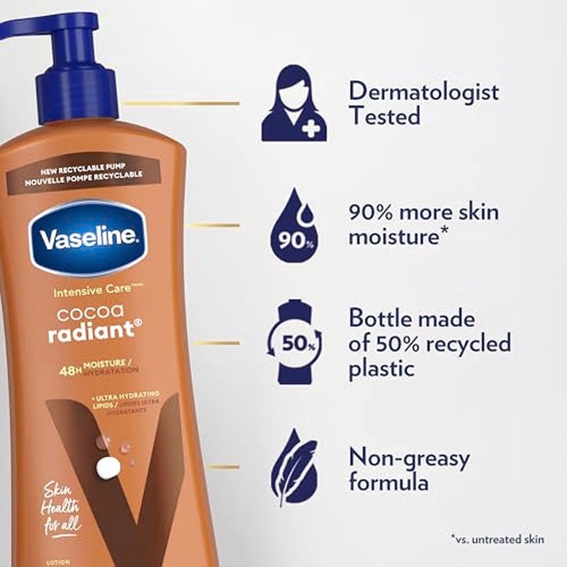 Vaseline Intensive Care Body Lotion Cocoa Radiant 3 count for Dry Skin Lotion Made with Ultra-Hydrating Lipids and Pure Cocoa Butter for a Long-Lasting, Radiant Glow 20.3 Oz