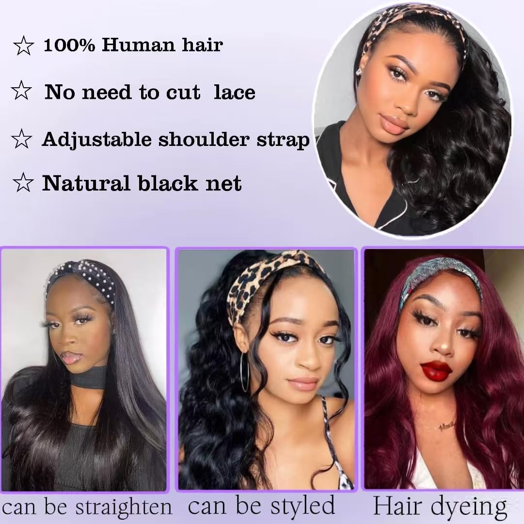 Headband Wig Human Hair Body Wave Wigs None Lace Front Wigs 100% Human Hair Brazilian Virgin 180% Density Natural Color (14inch)