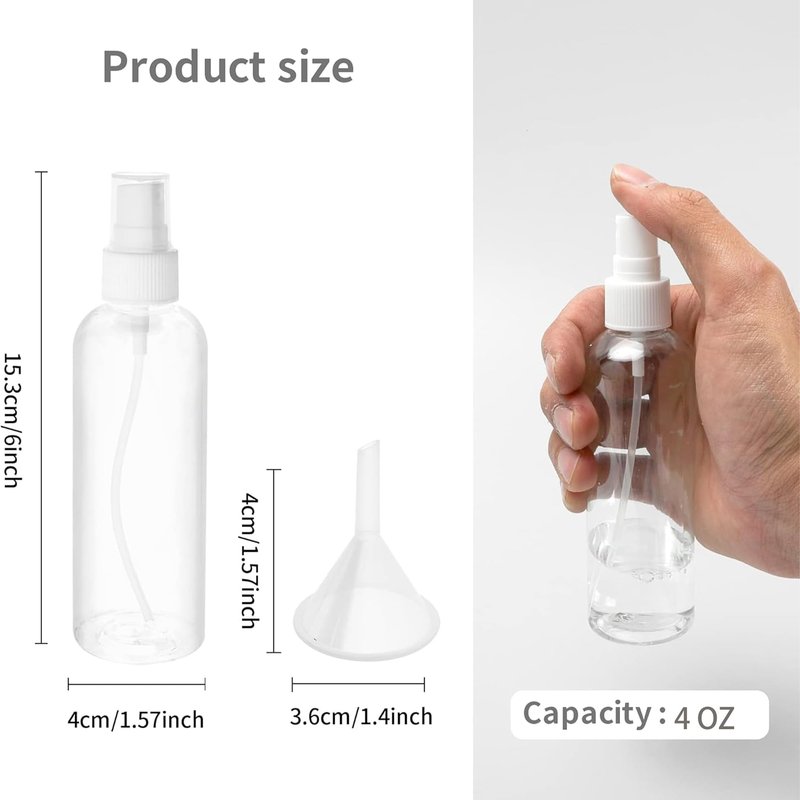 KEJJNYER 36 Pack 4oz Plastic Spray Bottles Bulk, Mini Clear Spray Bottles Fine Mist, 120ml Empty Spray Bottle for Travel Perfume Essential Oils Makeup Bottles (10 Funnel, 10 Labels)