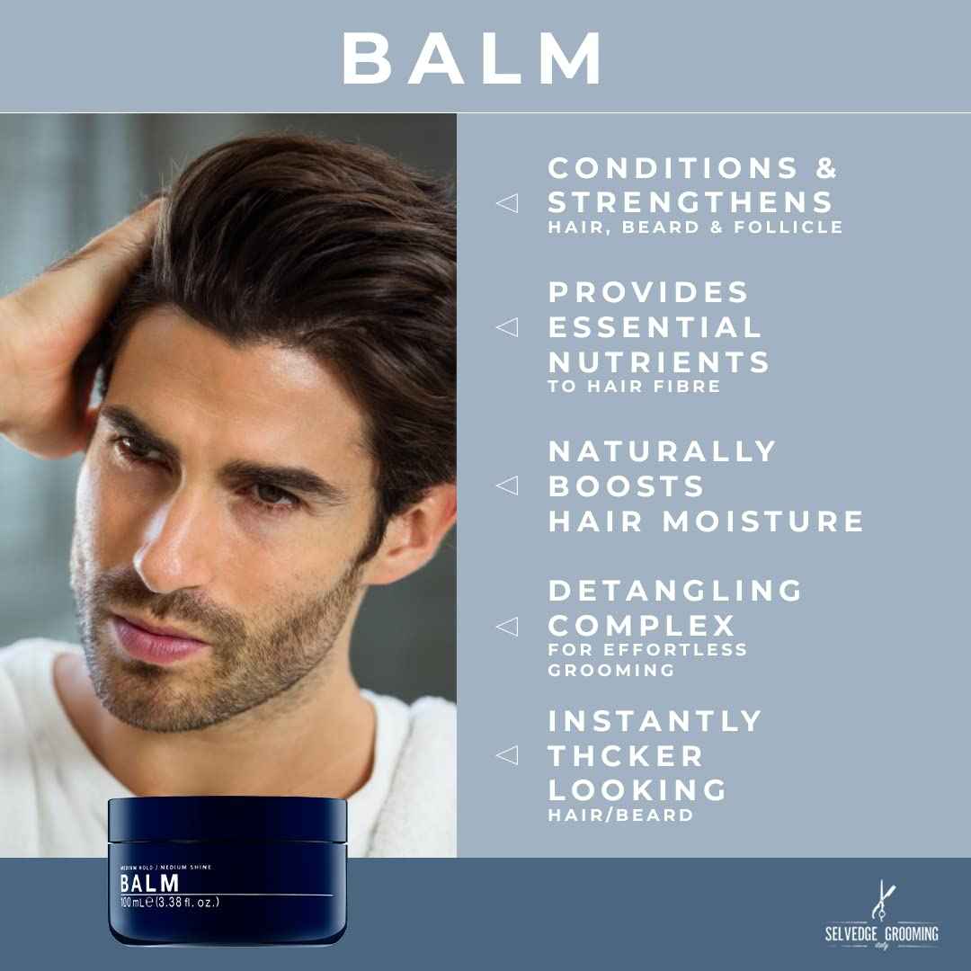 Selvedge Grooming Hair and Beard Styling Balm For Men, Deeply Conditions, Softens and Thickens, Medium Hold, Medium Shine, Made in Italy, 3.38 fl oz