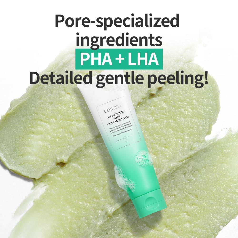 COSCELL Green Papaya PDRN Gommage Foam, Gentle Exfoliating Facial Cleanser, 3-Step Cream to Gommage to Foam Facial Cleanser, Daily Pore Cleansing Korean Face Wash with Papaya Extract, 120g
