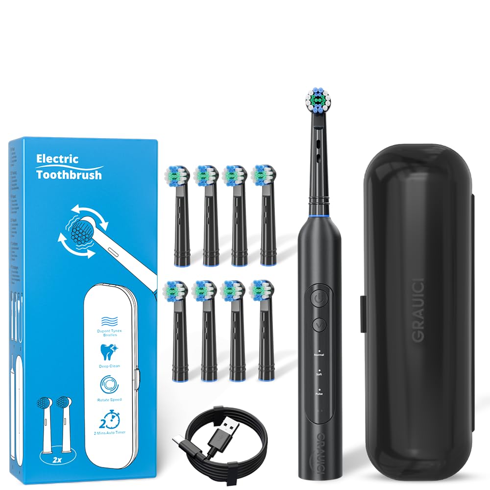 GRAUICI Deep Clean Rechargeable Electric Powered Toothbrush, Rechargeable Electric Toothbrush with 8 Brush Heads,Pressure Sensor to Protect Gums