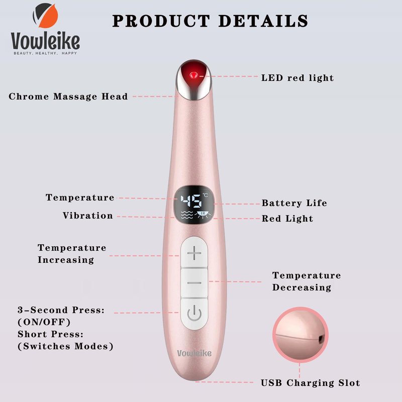 Vowleike Eye Lift Wand, 3 in 1 Vibrating 98°F to 113°F LCD Eye Massager for Dry Eyes, Dark Circles and Puffiness, Face & Neck Lifting Tool for Fine Lines and Wrinkles, Rose Gold