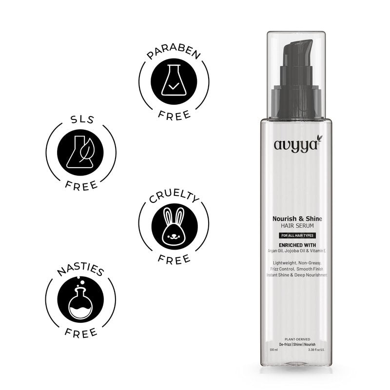Avyya Nourish and Shine Hair Serum for Dry, Frizzy and Damaged Hair with Argan and Jojoba Oil, Frizz Control, Shine, Non-Greasy | 3.38 fl oz