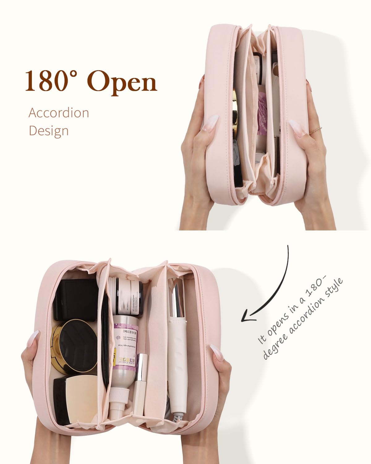 Pocmimut Makeup Bag,Open Flat Makeup Pouch Purse Car Accessories,Travel Essentials Organizer with Divider,Christmas Birthday Gifts for Mom and Lover,Pink