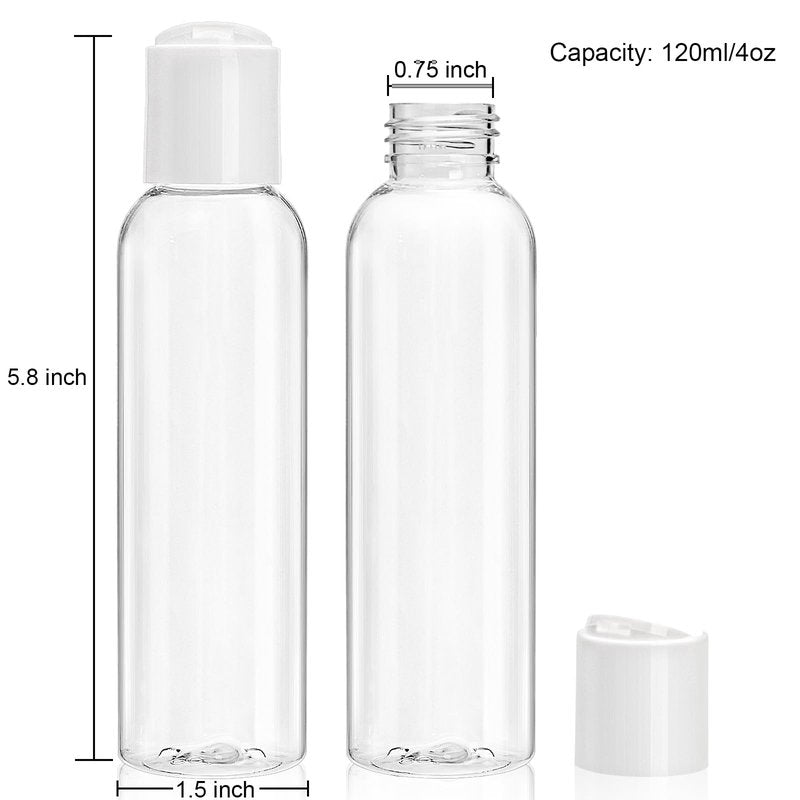 Bekith 30 Pack 4oz Travel Bottles for Toiletries, Empty Small Plastic Squeeze Bottles with Disc Top Flip Cap, Clear Refillable Travel Size Containers For Shampoo, Lotions, Liquid Body Soap, Creams