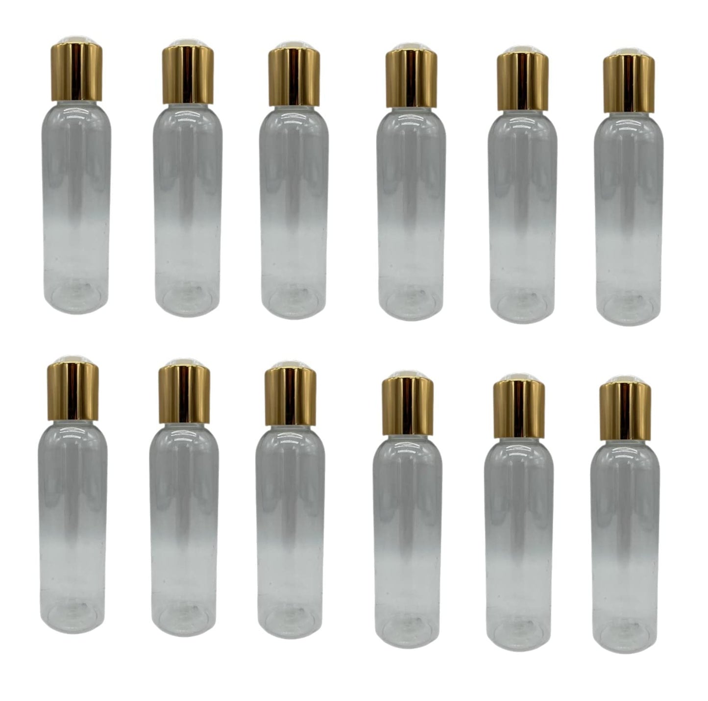 Natural Farms 4 oz Clear Cosmo Plastic Bottles -12 Pack Empty Bottle Refillable - BPA Free - Essential Oils - Aromatherapy | Gold Disc Caps - Made in the USA
