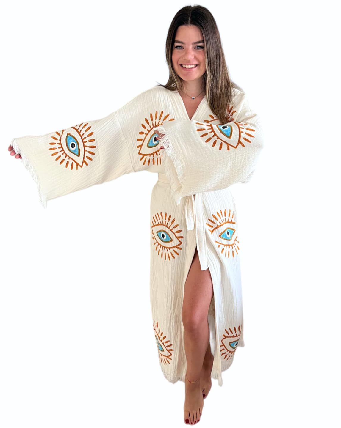 Handmade Evil Eye Kimono - Women Beach Cover Up - Festival Bohemian Robe - Boho Cotton Cardigan - Dressing Gown (Gold Eyes)