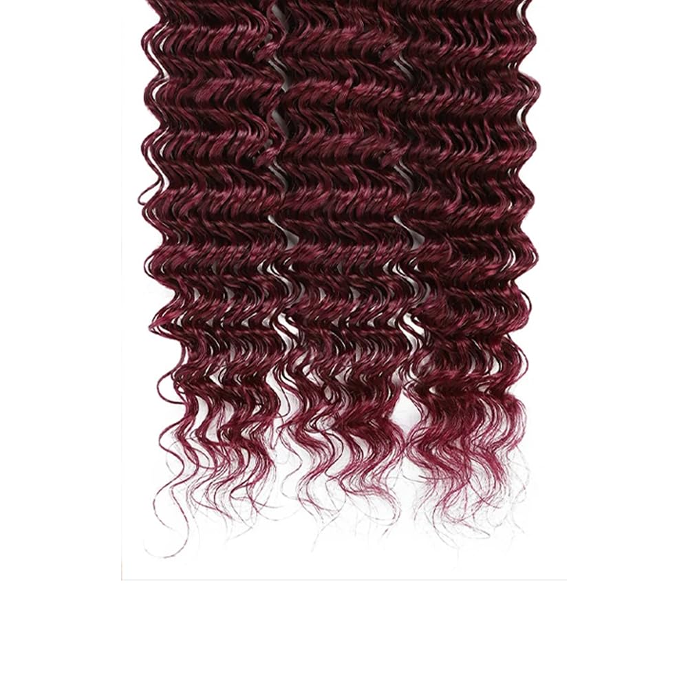 #99J Burgundy Bundles Human Hair Deep Wave Bundles 14 16 18 Inch Win Red Deep Wave Bundle Human Hair Extensions Double Weft Unprocessed Brazilian Virgin Hair 3 Bundle 50 Grams Per Bundle For Woman
