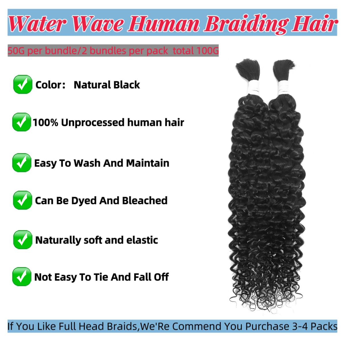 99J Human Braiding Hair Water Wave Bulk Human Hair for Braiding Bohemian Knotless 2 Bundles 100g 18inch No Weft 10A Brazilian Virgin Human Hair Extensions Curly Bulk Human Hair for Boho Braids