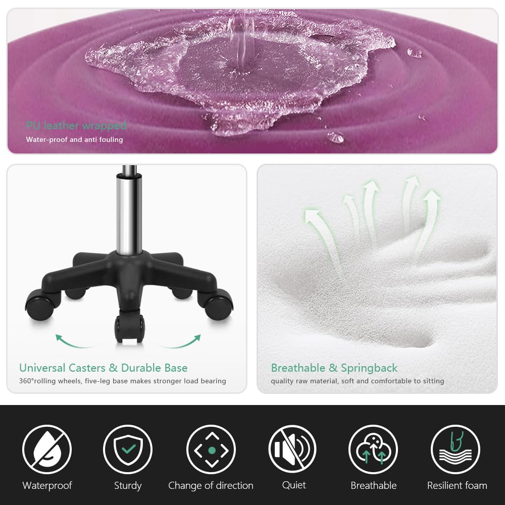 FURWOO Round Swivel PU Leahter Rolling Stool with Wheels Height Adjustable Chair for Spa Salon Massage Purple