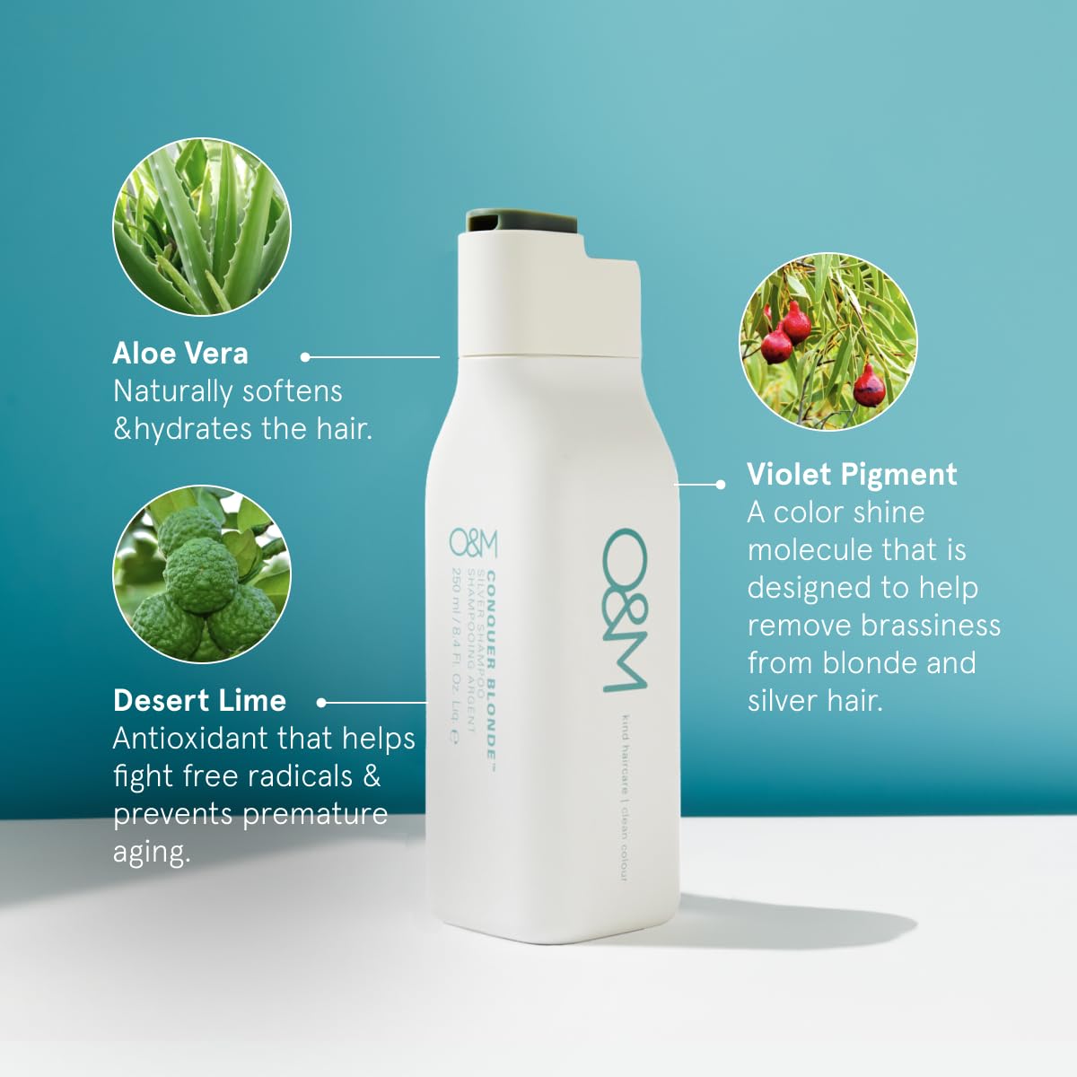 O&M Conquer Blonde Shampoo - Vegan Silver Purple Shampoo for Blondes | Organic Desert Lime, 250ml