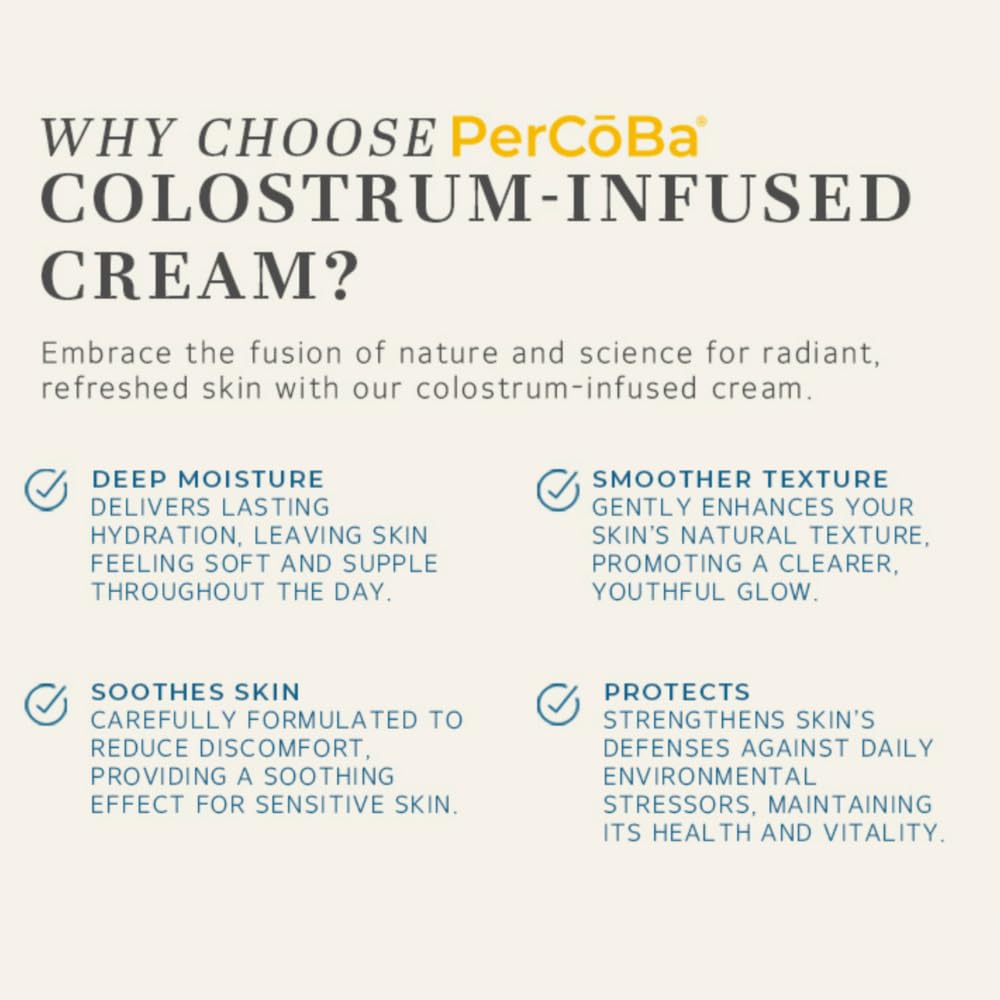 PerCōBa Colostrum Rejuvenating Cream - Anti-Aging Face, Neck & Hand Moisturizer with Vitamin A, E, and Jojoba - Non-Greasy Hydrating Cream for Radiant, Youthful Skin - 1.7 fl.oz.